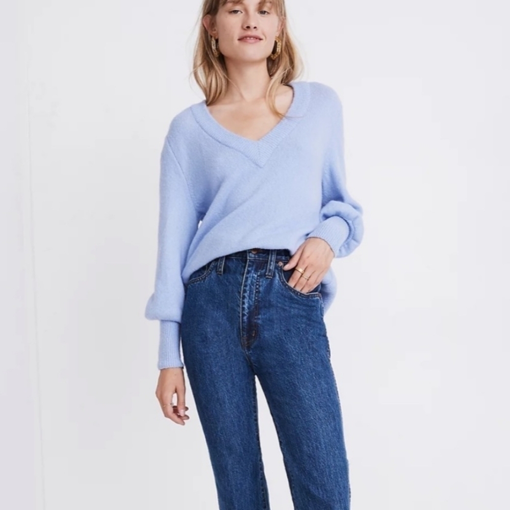 Madewell Dashwood V-Neck wool mix fabric Baby Blue Periwinkle Pullover Sweater S